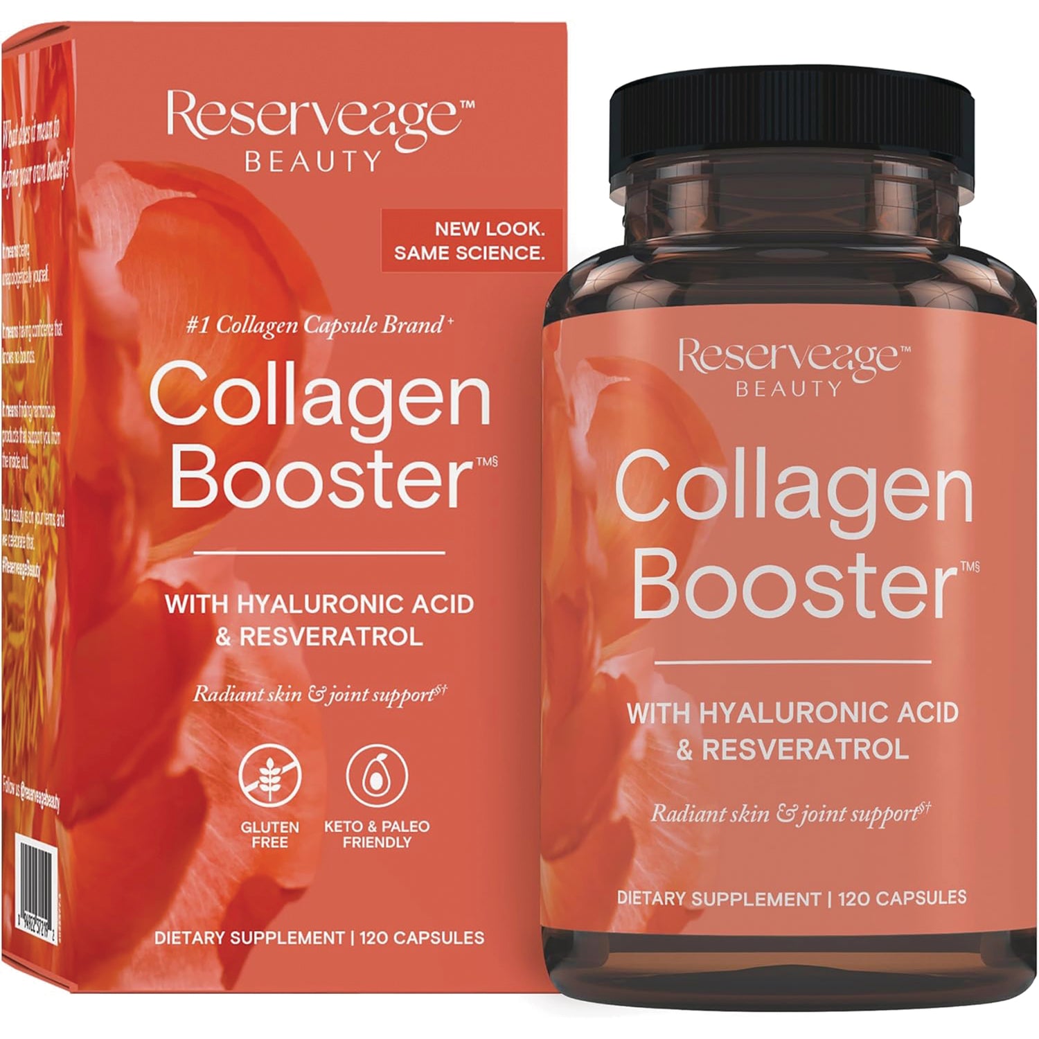 RSA016 | amber supplement bottle labeled Collagen Booster with hyaluronic acid and resveratrol, 120 capsules