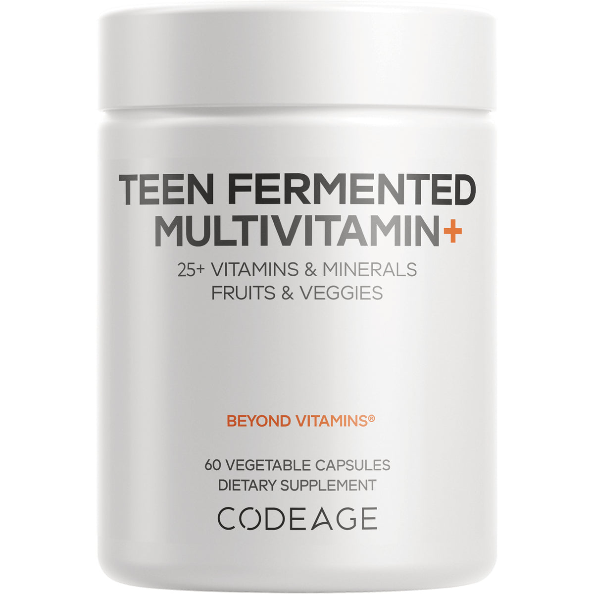 CDG025 | white supplement bottle labeled TEEN FERMENTED MULTIVITAMIN+ 60 vegetable capsules CODEAGE