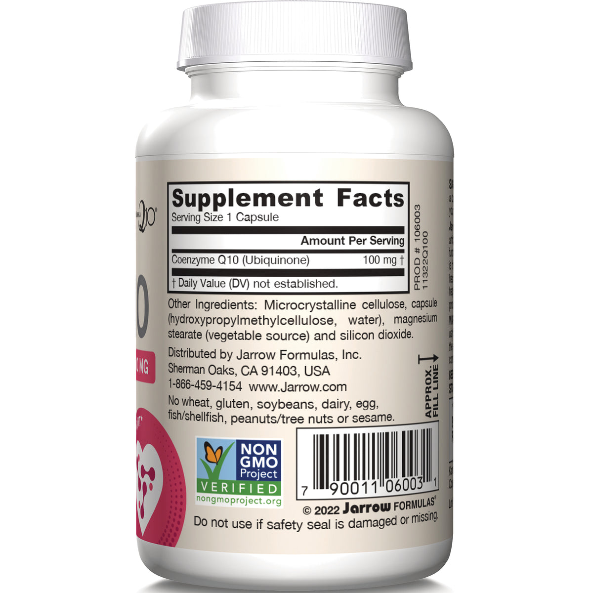 JR048 | Back of white supplement bottle showing Supplement Facts listing Coenzyme Q10 100 mg, ingredients, Non-GMO Verified label and barcode