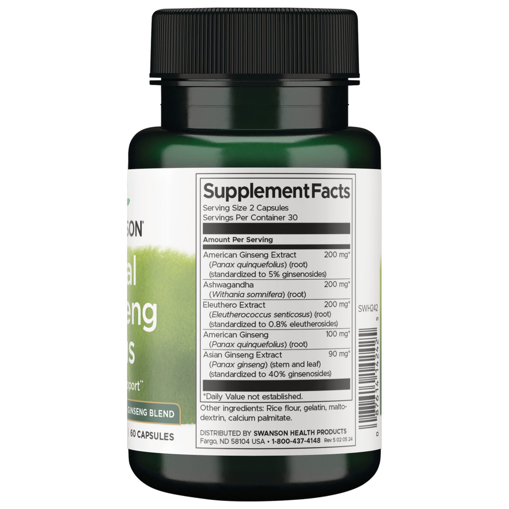 SWH243 | Back of bottle showing Supplement Facts panel and ingredients; serving size 2 capsules, ginseng and ashwagandha - Thumbnail