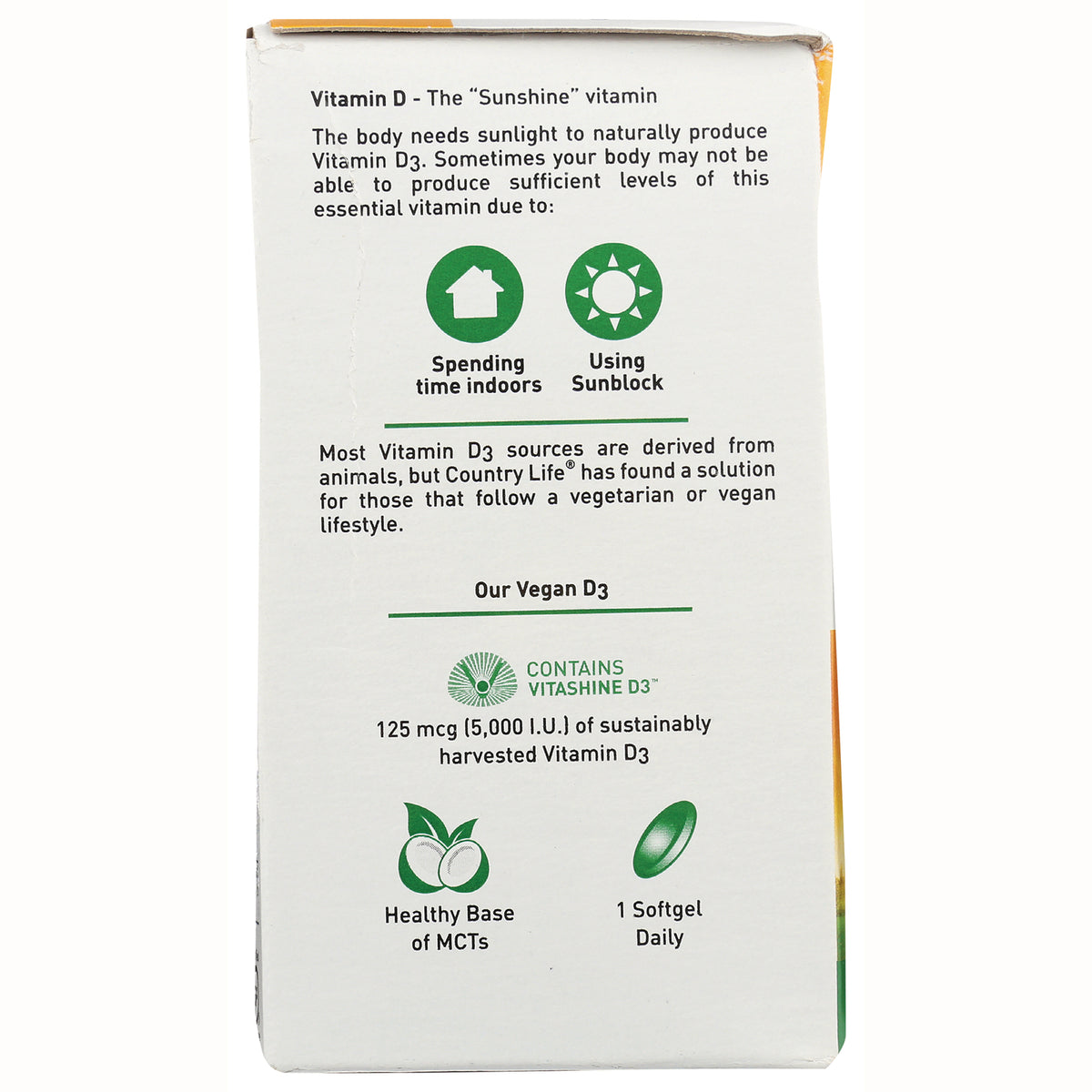 CRL592 | product infographic for Vitamin D3 with icons for indoor time and sunblock; contains VITASHINE D3 125 mcg (5,000 IU); 1 softgel daily