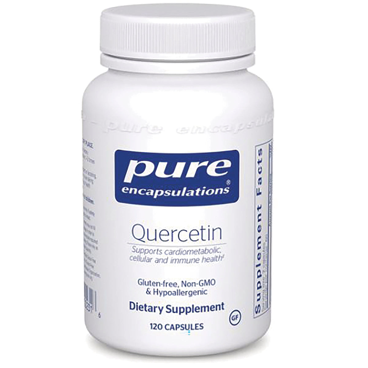 PRN112 | White bottle of Pure Encapsulations Quercetin dietary supplement, 120 capsules front label visible