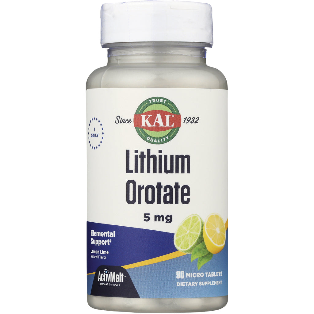 KL556 | KAL Lithium Orotate 5 mg bottle, lemon lime flavor, 90 micro tablets front label - Thumbnail