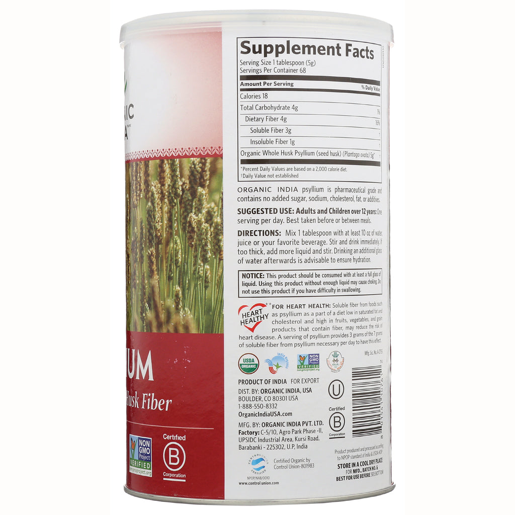 RGN028 | Back of can showing Supplement Facts, directions, ingredients and certification labels for organic psyllium husk fiber - Thumbnail