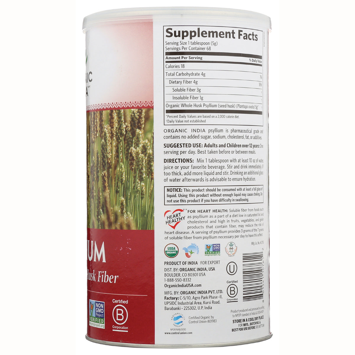 RGN028 | Back of can showing Supplement Facts, directions, ingredients and certification labels for organic psyllium husk fiber