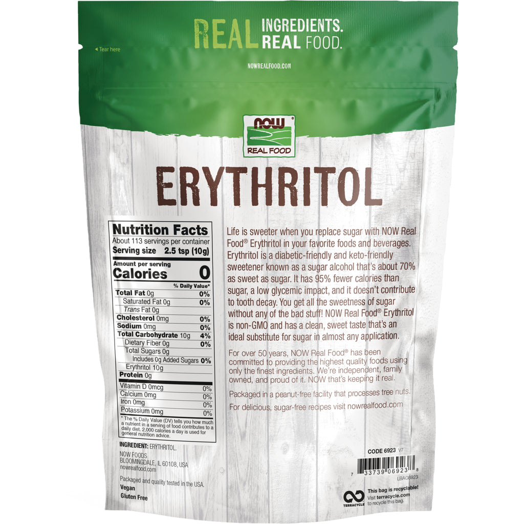 NWF1209 | Back of erythritol pouch showing Nutrition Facts panel and product description on white wood background - Thumbnail