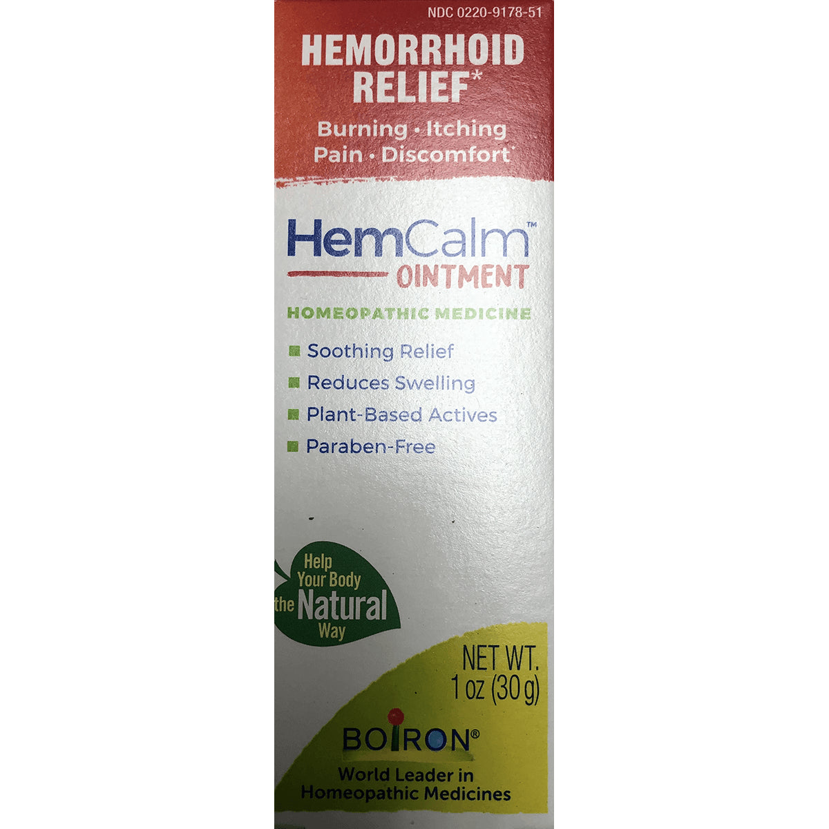 BRN117 | HemCalm ointment box front labeled HEMORRHOID RELIEF, soothing relief, reduces swelling, paraben-free, NET WT 1 oz (30 g)