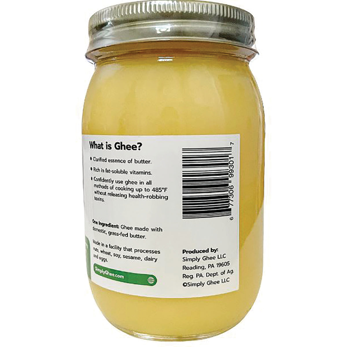 SMG005 | Back of jar showing label reading What is Ghee? with ingredient text and barcode