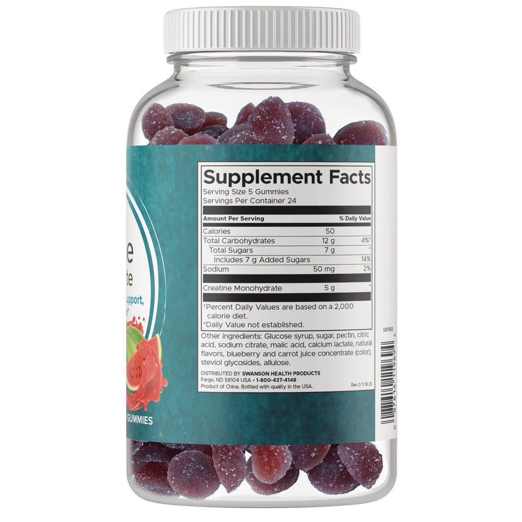 SW1969 | Back of gummy supplement bottle showing Supplement Facts; 5 gummies per serving, 5 g creatine monohydrate - Thumbnail
