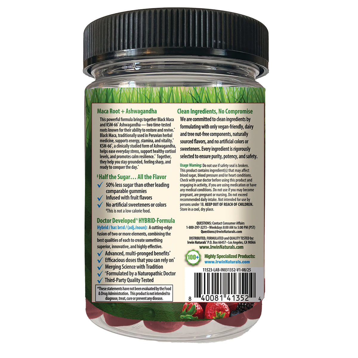 IR307 | Back label of supplement jar showing ingredients, usage warnings, and barcode