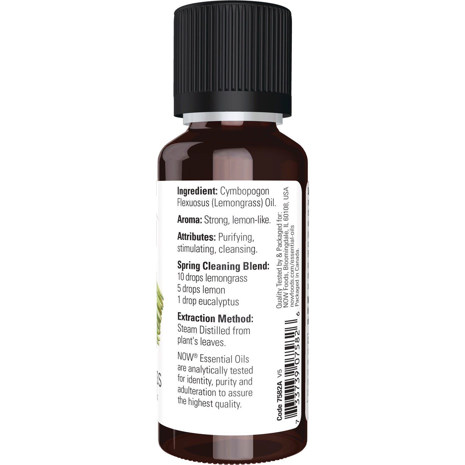 NWF1125 | Back label of lemongrass essential oil bottle showing ingredients, aroma, extraction method and barcode