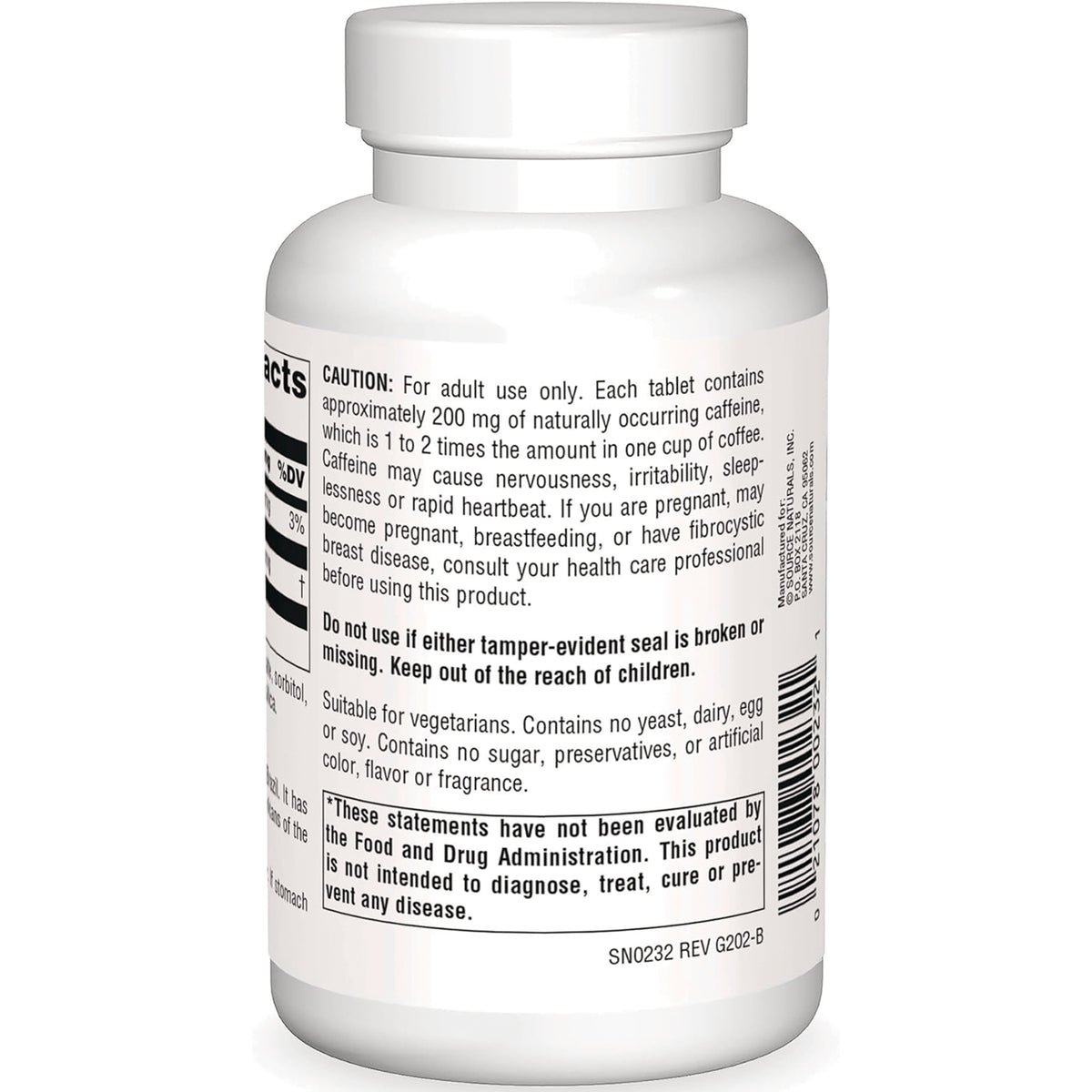 SN296 | Supplement bottle back label with caution text, ingredients details, barcode, and FDA statement