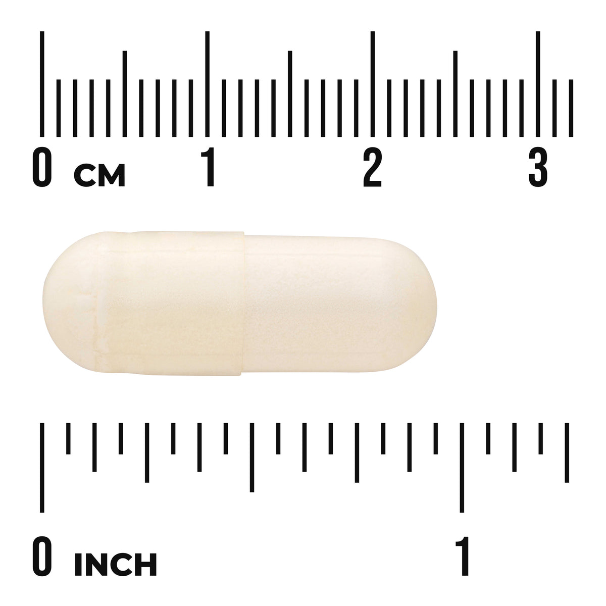 SWU194 | White capsule shown with centimeter and inch rulers, measuring about 2 cm long