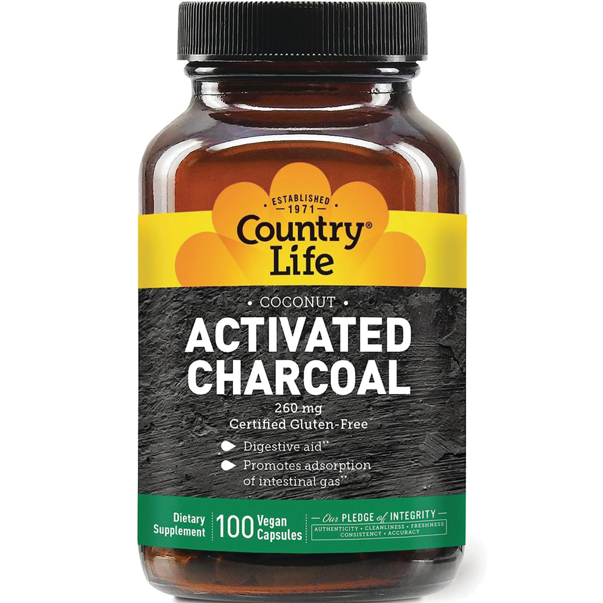 CRL424 | Country Life Coconut Activated Charcoal 260 mg dietary supplement bottle front label showing 100 vegan capsules