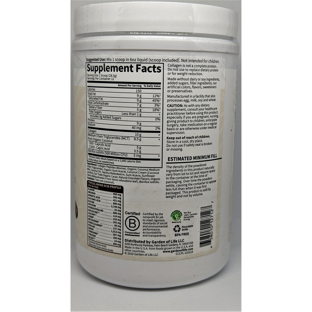 GLF306 | back of white supplement tub showing Supplement Facts panel, ingredients, and product information
