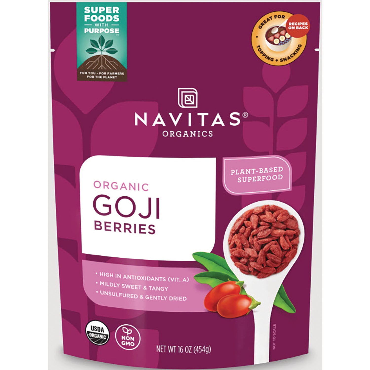 Navitas Organics front pouch labeled ORGANIC GOJI BERRIES with spoon of dried goji berries and product claims