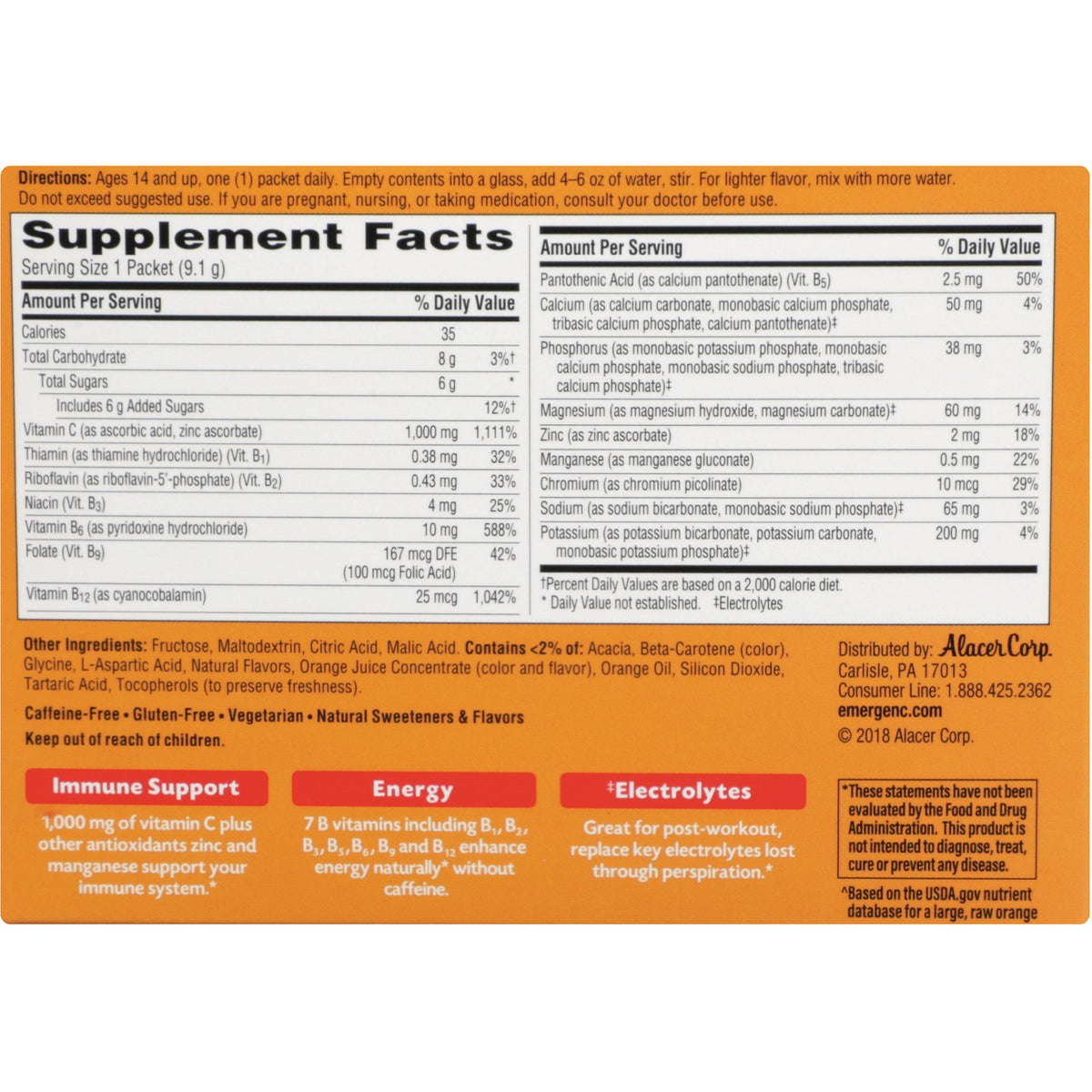 AC063 | Back label with Supplement Facts, directions, and other ingredients for Emergen-C