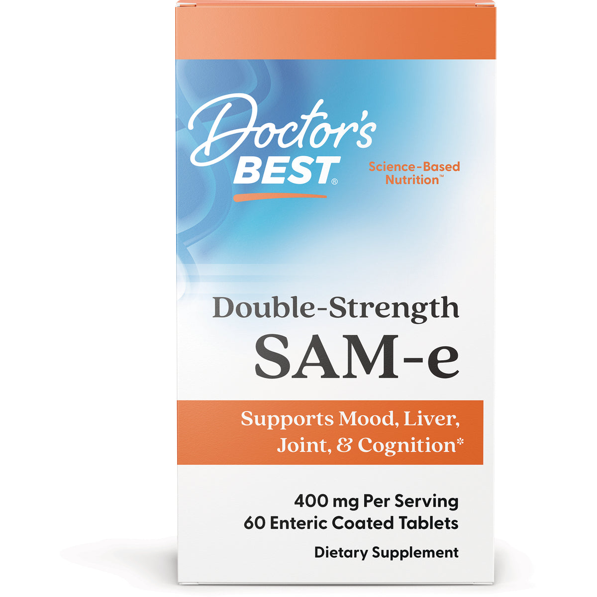 DB185 | Doctor's Best Double-Strength SAM-e front packaging showing product name, Supports Mood, Liver, Joint & Cognition, 400 mg per serving