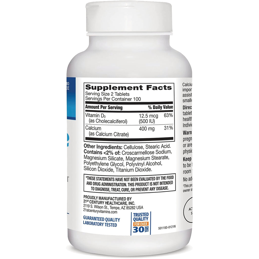 CNT279 | back label with Supplement Facts panel listing Vitamin D3 500 IU, Calcium 400 mg, and other ingredients - Thumbnail