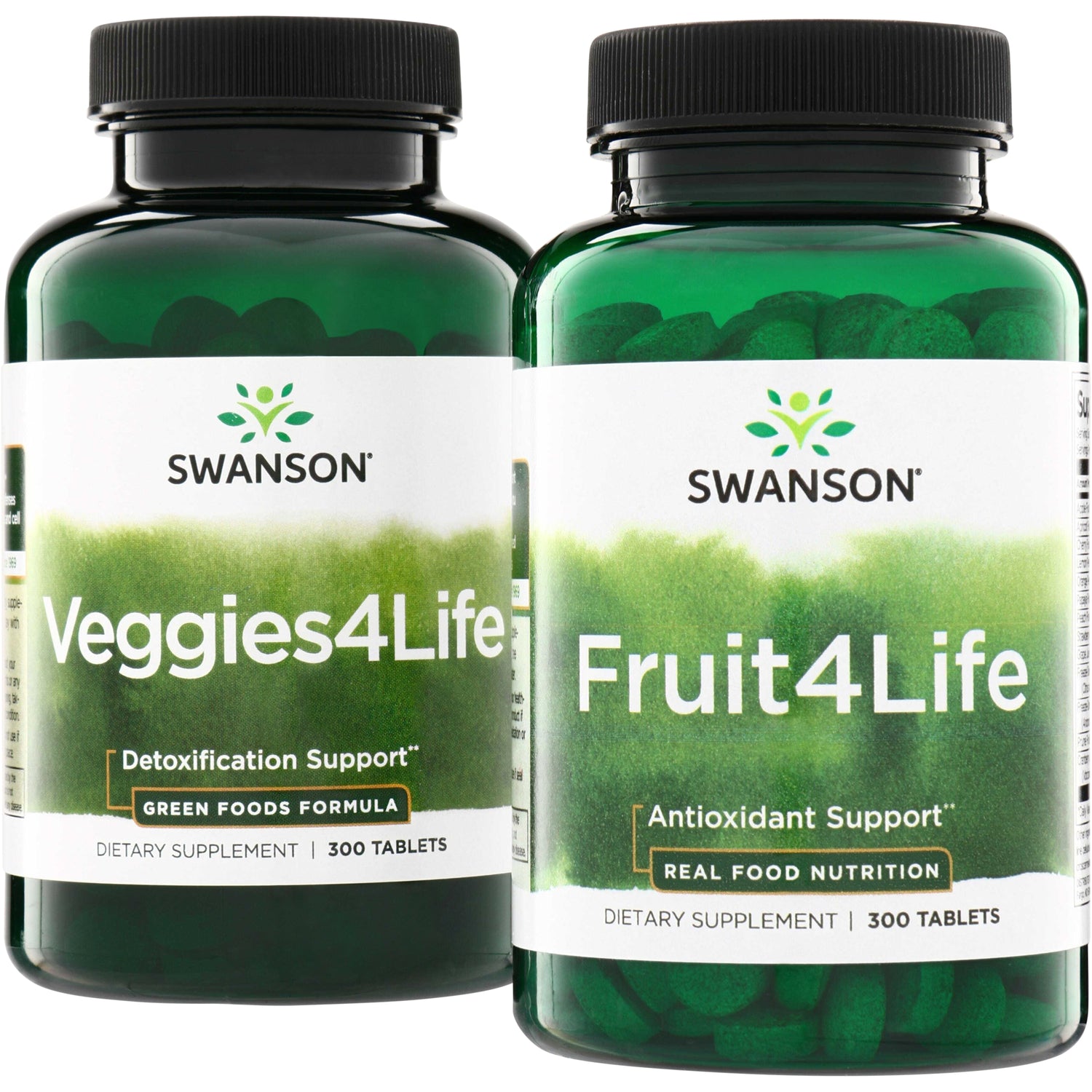 SWR093 | Two Swanson supplement bottles Veggies4Life and Fruit4Life with green labels, 300 tablets each