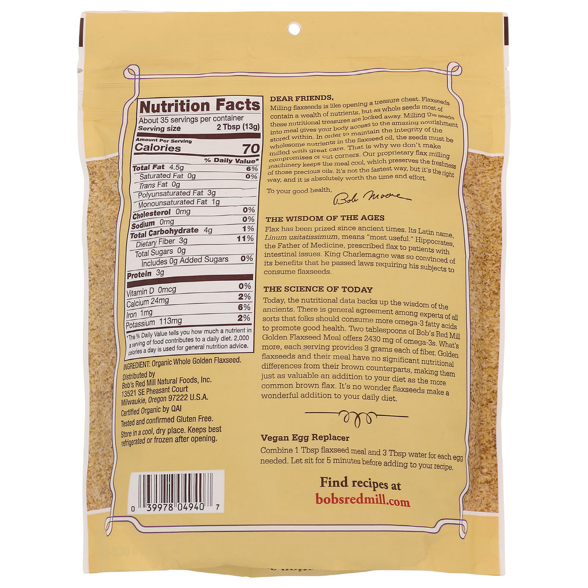 BOB265 | back of bag showing nutrition facts, ingredient list, and vegan egg replacer instructions