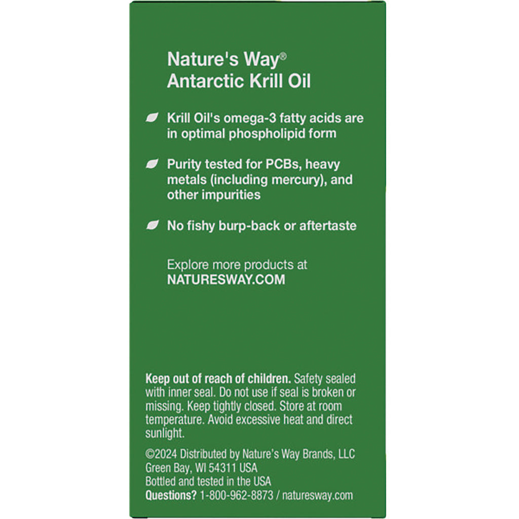 NW613 | Nature's Way Antarctic Krill Oil back panel listing benefits, purity testing, safety and distribution info - Thumbnail