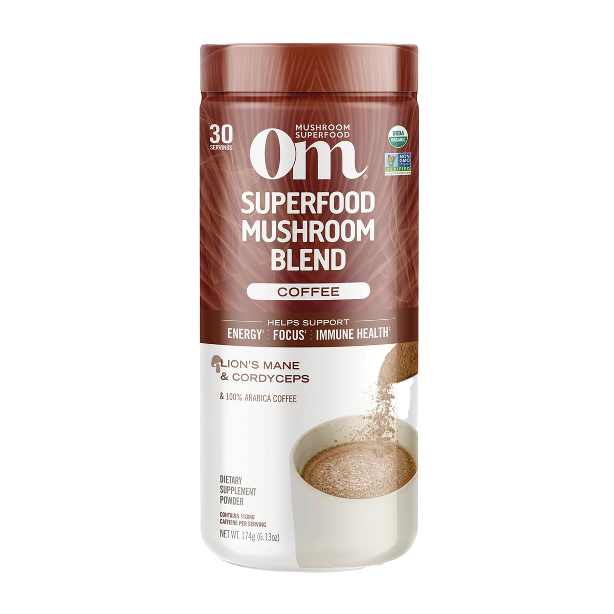 MMX050 | Superfood Mushroom Blend coffee powder canister with powder pouring into a mug
