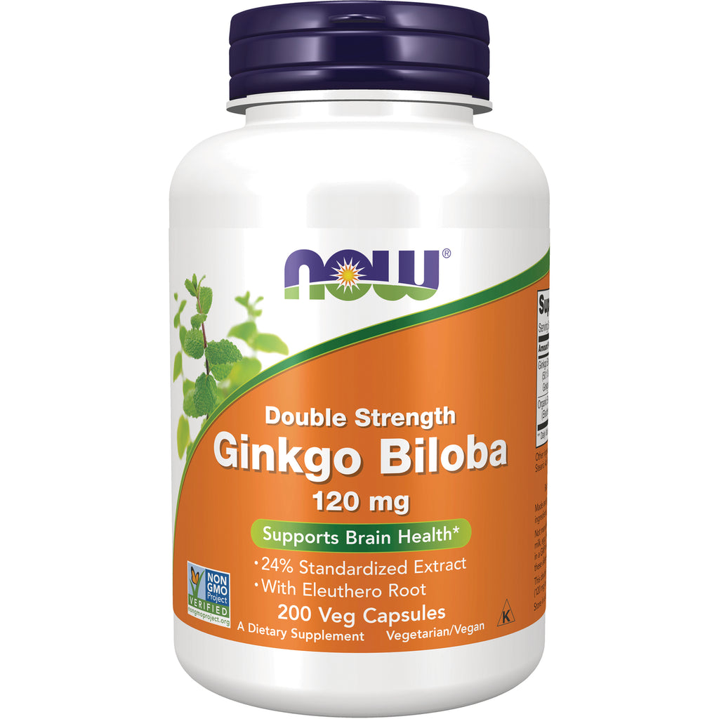 NWF1048 | White bottle of NOW Double Strength Ginkgo Biloba 120 mg with orange label reading 200 Veg Capsules - Thumbnail