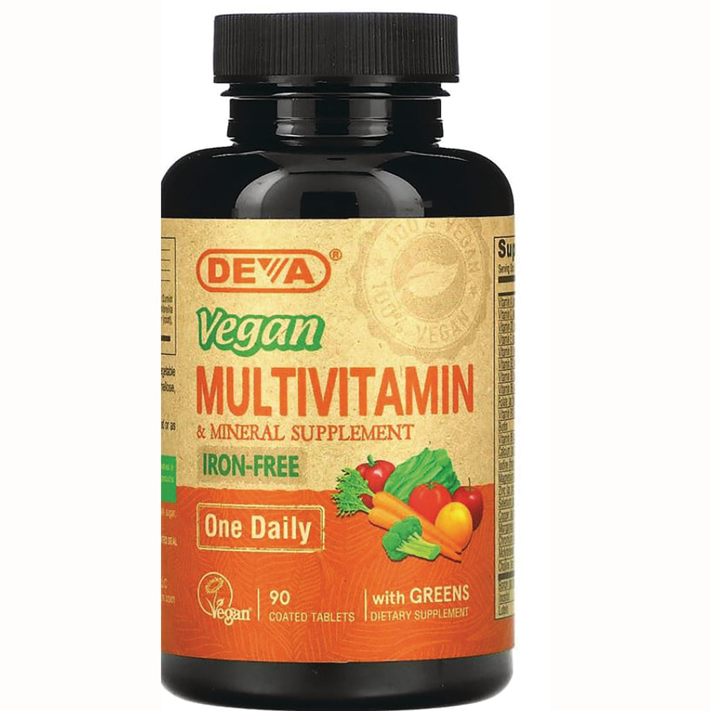 DEV002 | DEVA Vegan multivitamin bottle label reading One Daily, iron-free, 90 coated tablets - Thumbnail