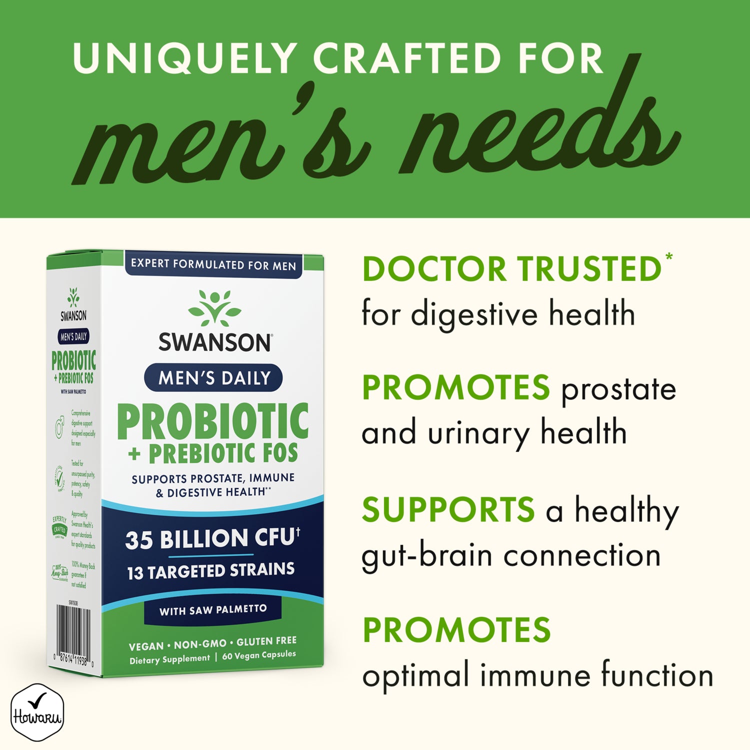 SW1938 | Swanson Men's Daily Probiotic box showing 35 billion CFU, supports prostate, digestive and immune health