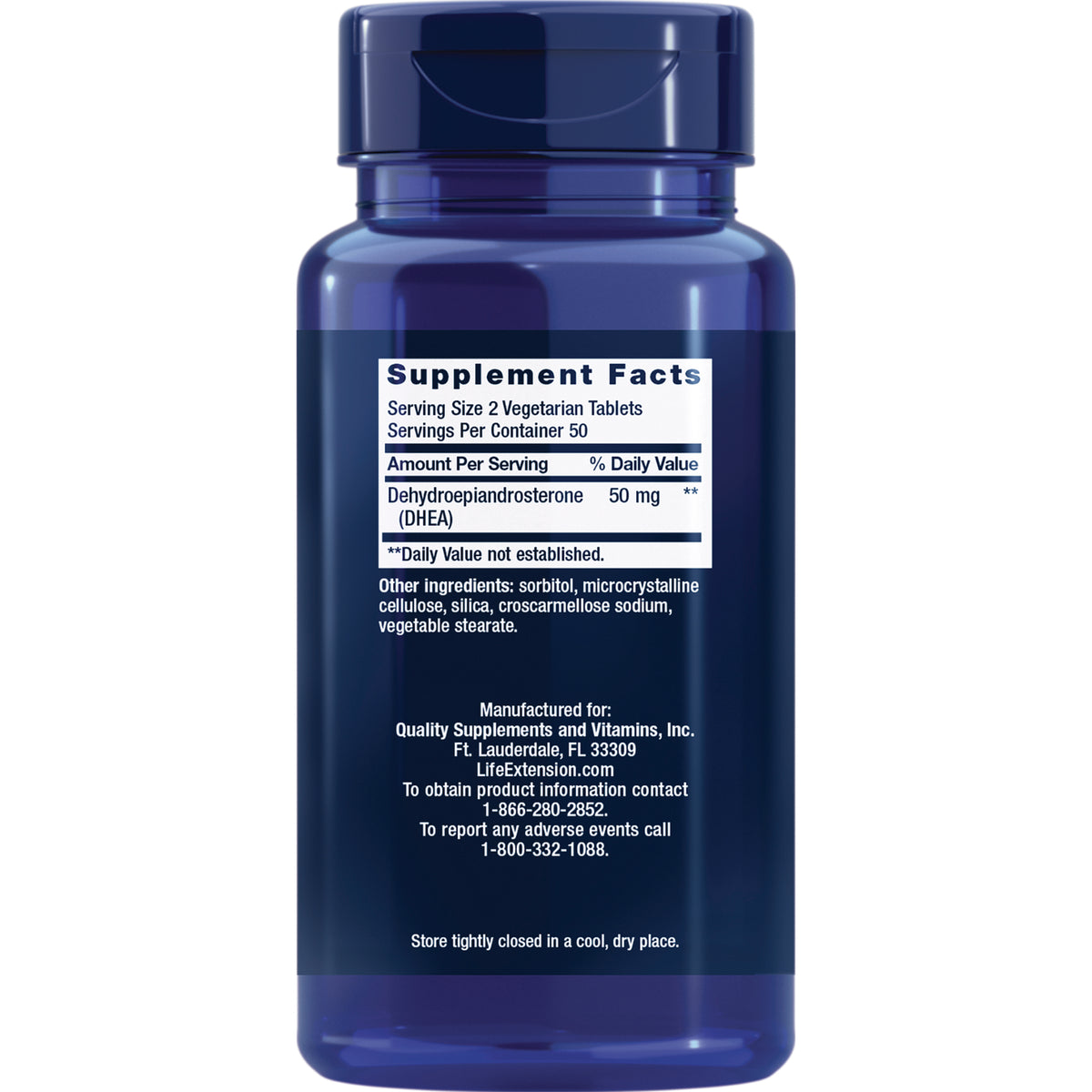 LE135 | back of blue supplement bottle showing Supplement Facts panel, Serving Size 2 Vegetarian Tablets and DHEA 50 mg