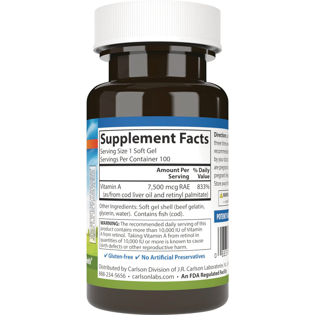 CSN154 | Back of brown supplement bottle showing Supplement Facts label with Vitamin A 7,500 mcg RAE and warning