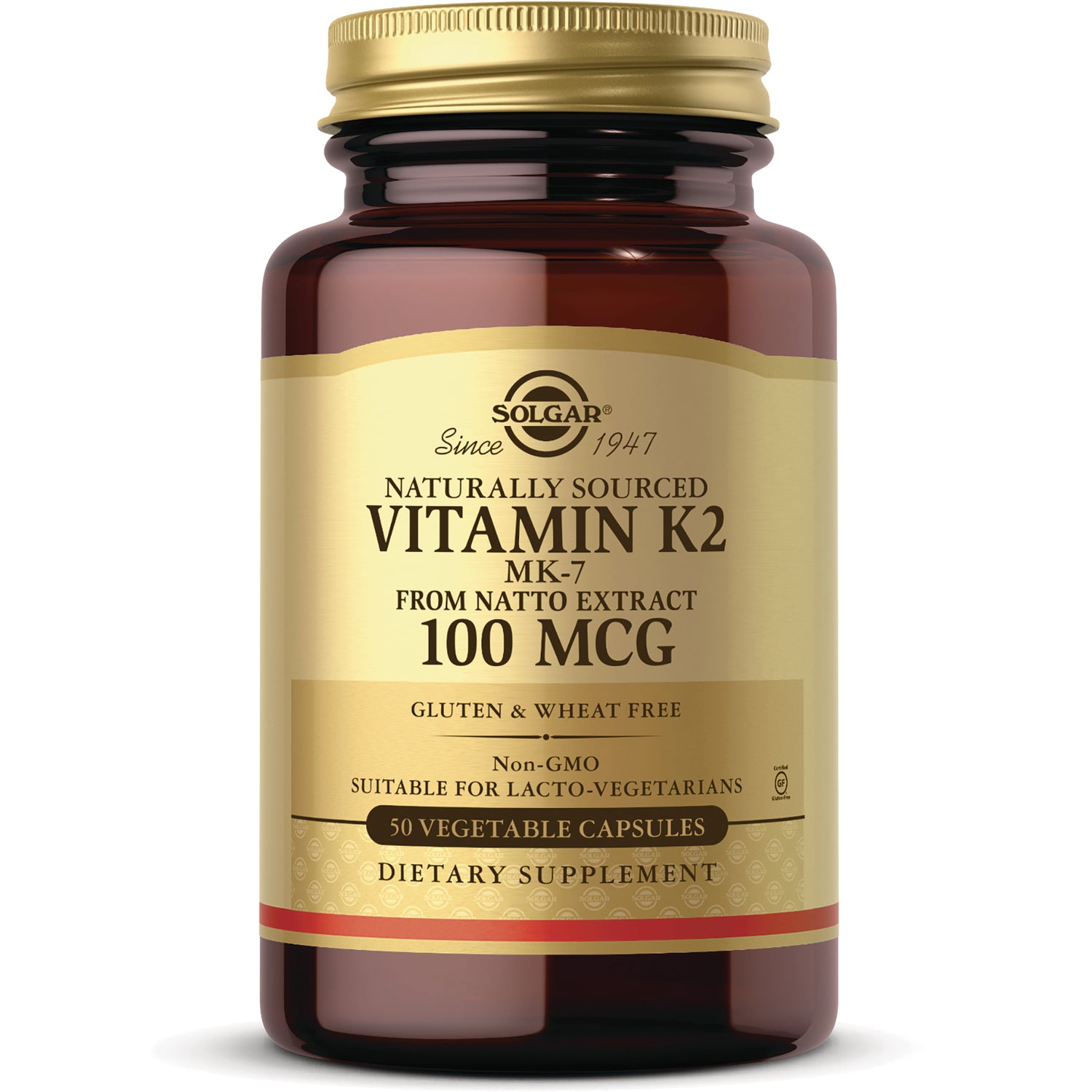 SLG334 | Solgar Vitamin K2 100 MCG brown glass bottle with front label, 50 vegetable capsules