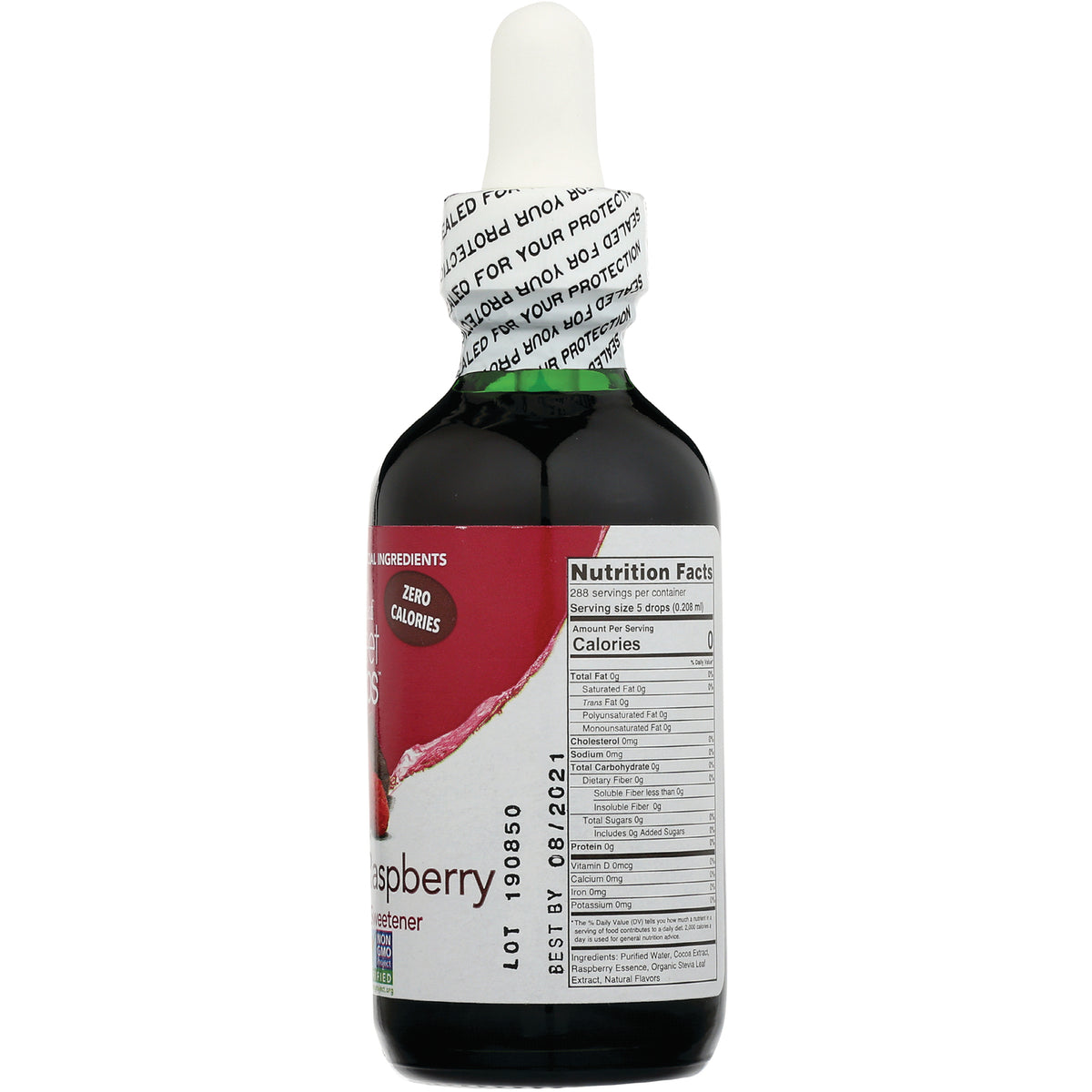 WA041 | Back of raspberry flavor liquid sweetener bottle with Nutrition Facts panel, Zero Calories text