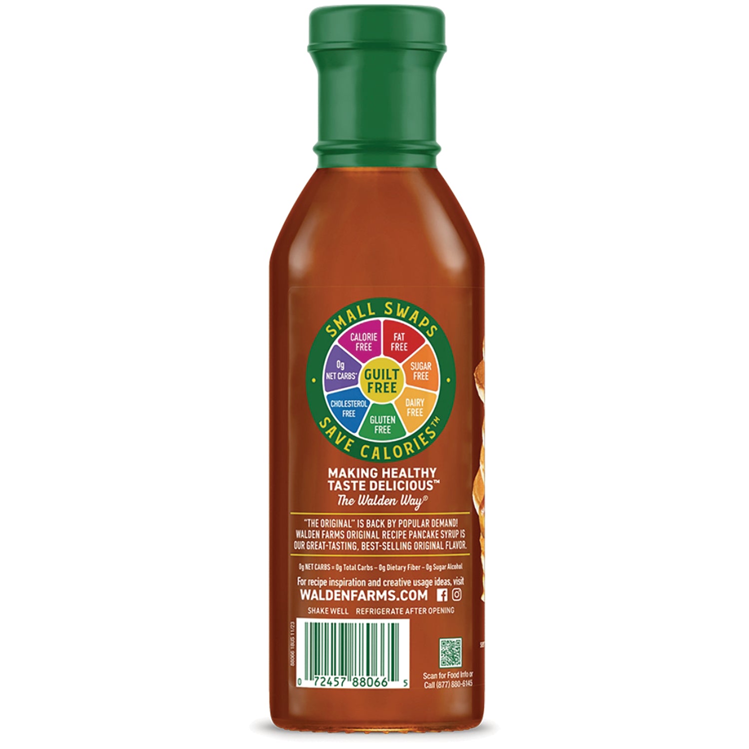 WAL024 | Back label of Walden Farms syrup bottle with Guilt Free badge and nutrition callouts, barcode, and website