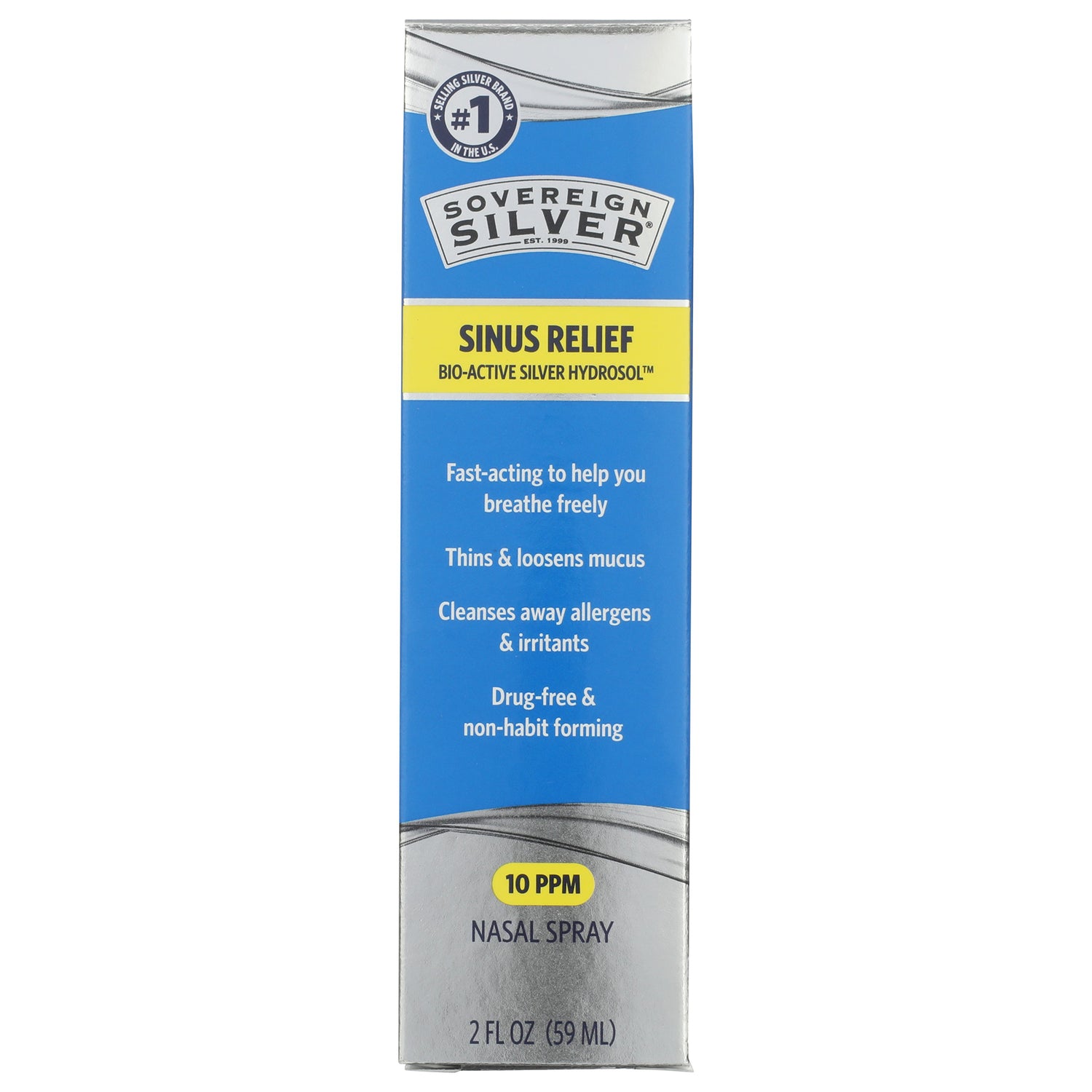 SSL005 | Sovereign Silver Natural Nasal Spray box front, Bio-Active Silver Hydrosol, Sinus Relief, 10 PPM, 2 fl oz