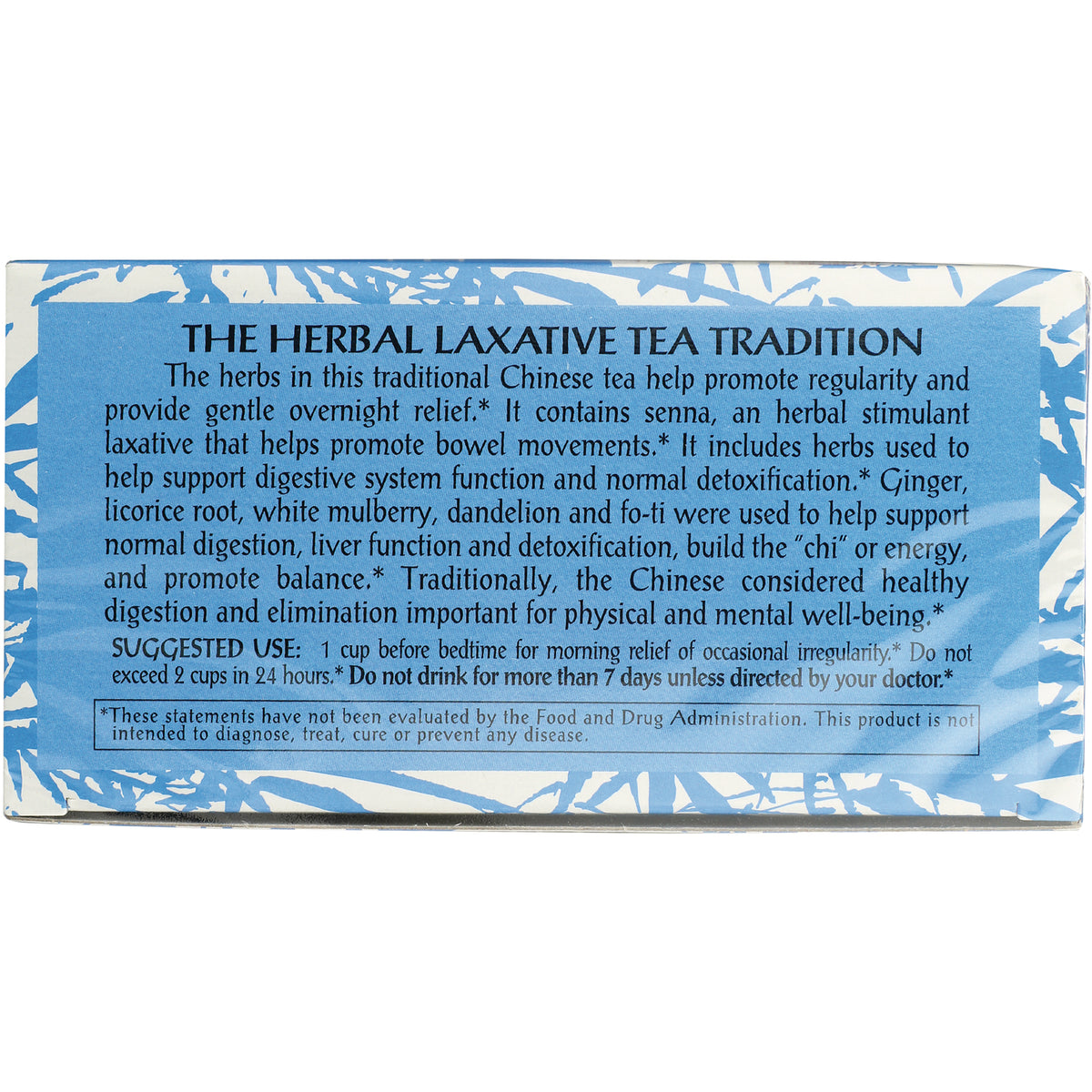 TLT004 | Back of box with 'The Herbal Laxative Tea Tradition' panel, suggested use and FDA disclaimer