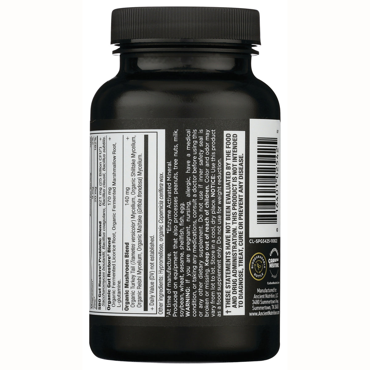 ATN070 | back label showing supplement facts, ingredient panel and barcode on black bottle