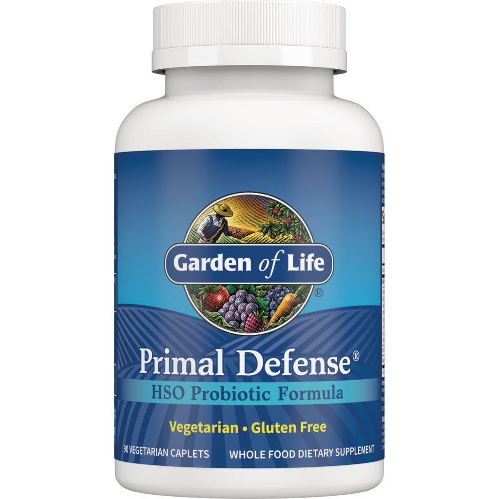 GLF004 | Garden of Life Primal Defense HSO Probiotic Formula bottle with blue label showing 90 vegetarian caplets, Vegetarian, Gluten Free - Thumbnail