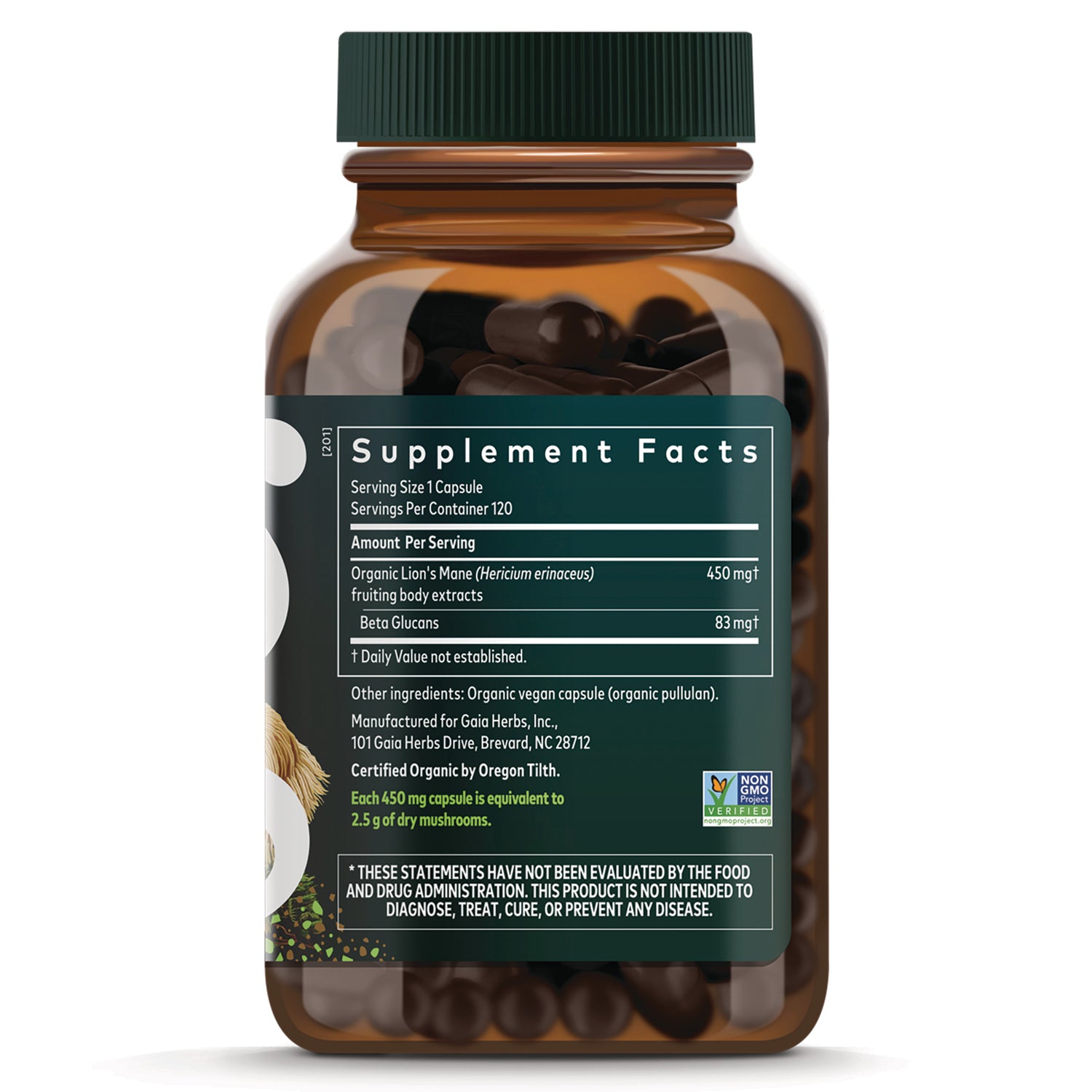GH170 | Back of amber supplement bottle showing Supplement Facts panel with serving size, ingredients and non-GMO seal