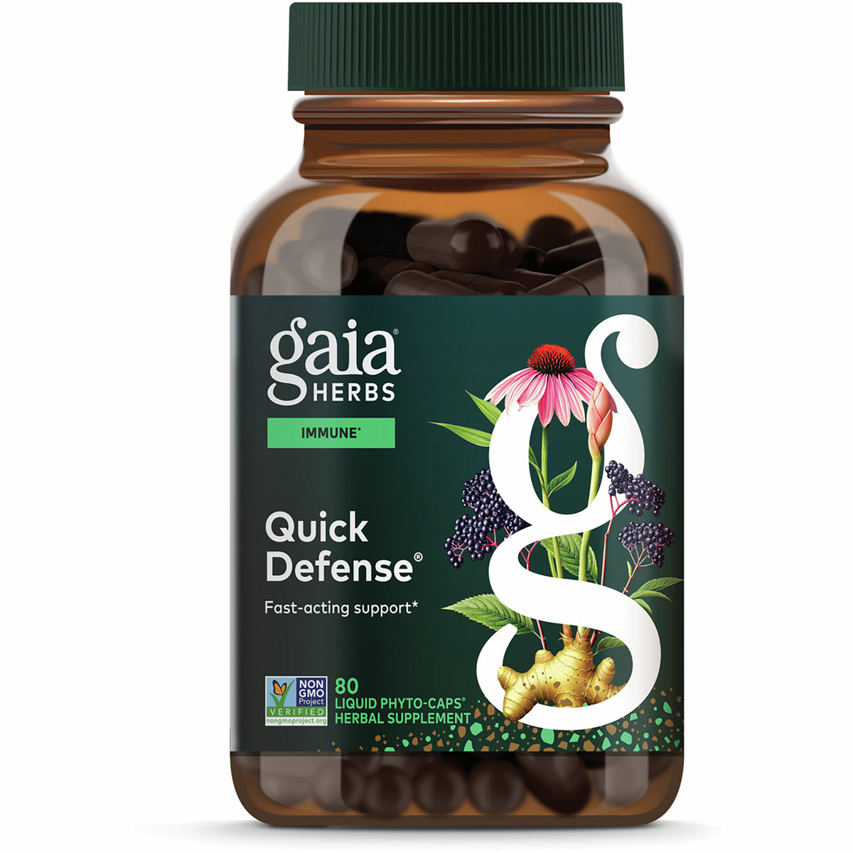 GH135 | Brown supplement bottle with Gaia Herbs Quick Defense label reading Immune Support and 80 vegan liquid phyto-caps