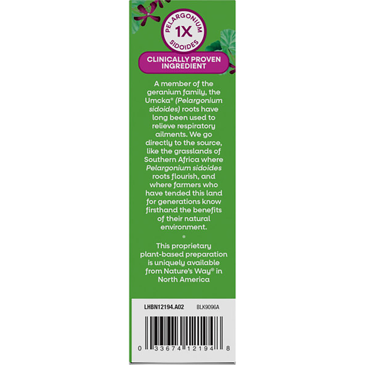 Multi-Symptom Allergy + Sinus Relief panel showing Alpha SH ingredients, usage claims, tamper notice and barcode