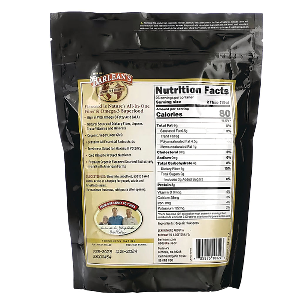 BAR082 | Back of black Barlean's flaxseed bag showing Nutrition Facts panel and product information - Thumbnail