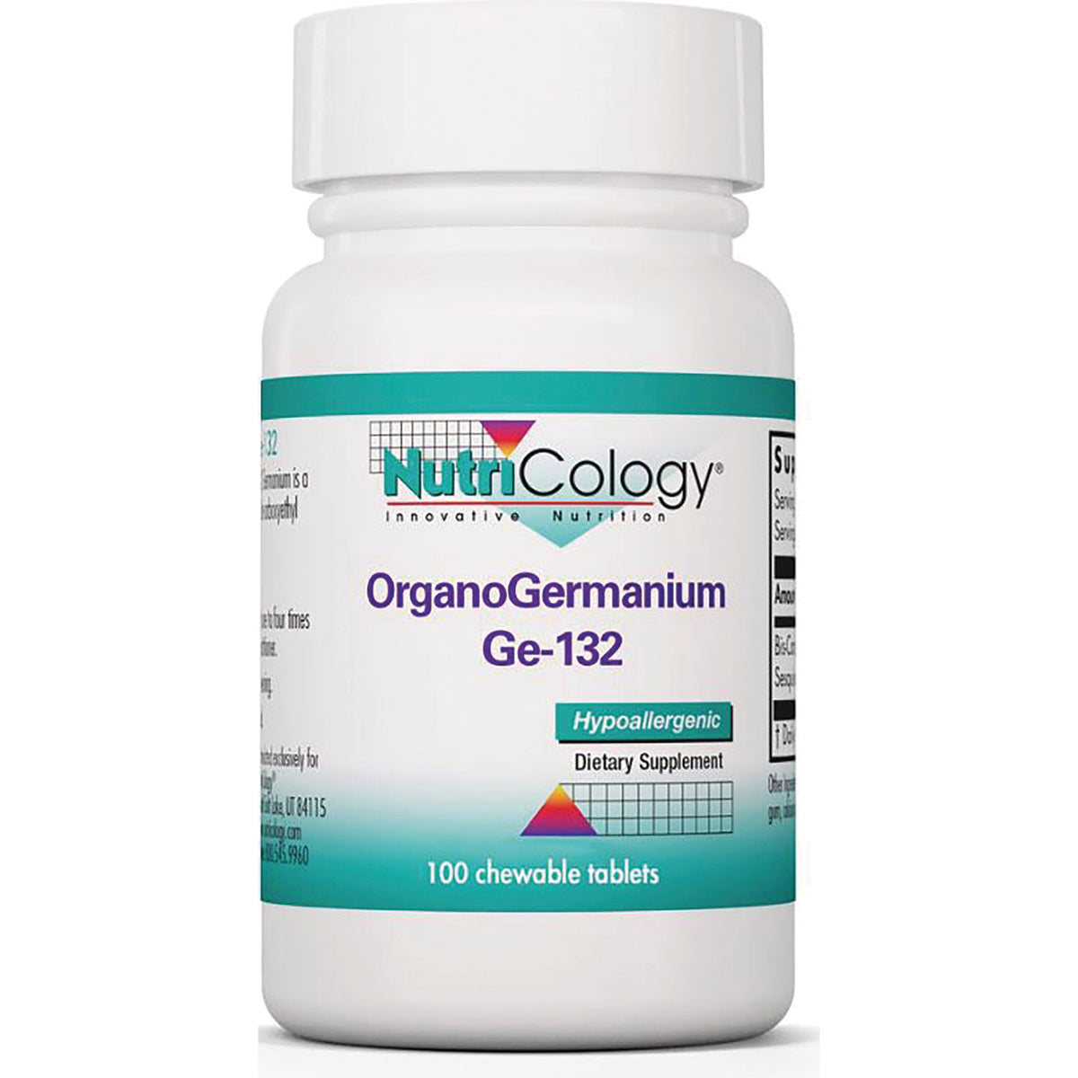 NCL100 | Nutricology OrganoGermanium Ge-132 dietary supplement bottle, hypoallergenic, 100 chewable tablets