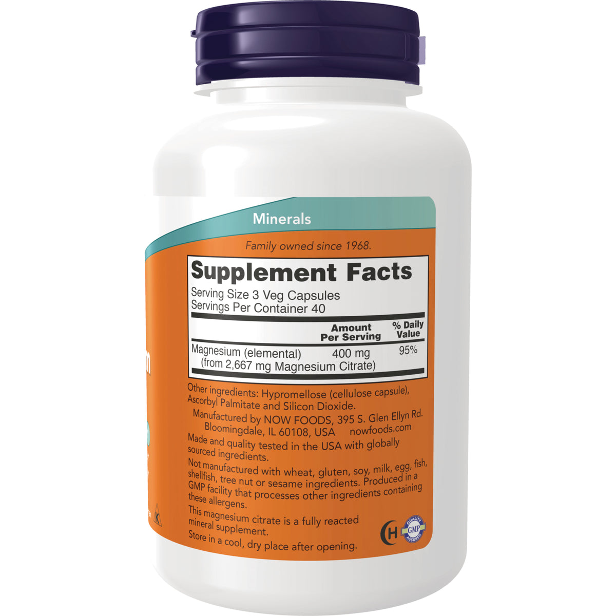 NWF1100 | Back label showing Supplement Facts and ingredients for magnesium supplement, serving size 3 veg capsules
