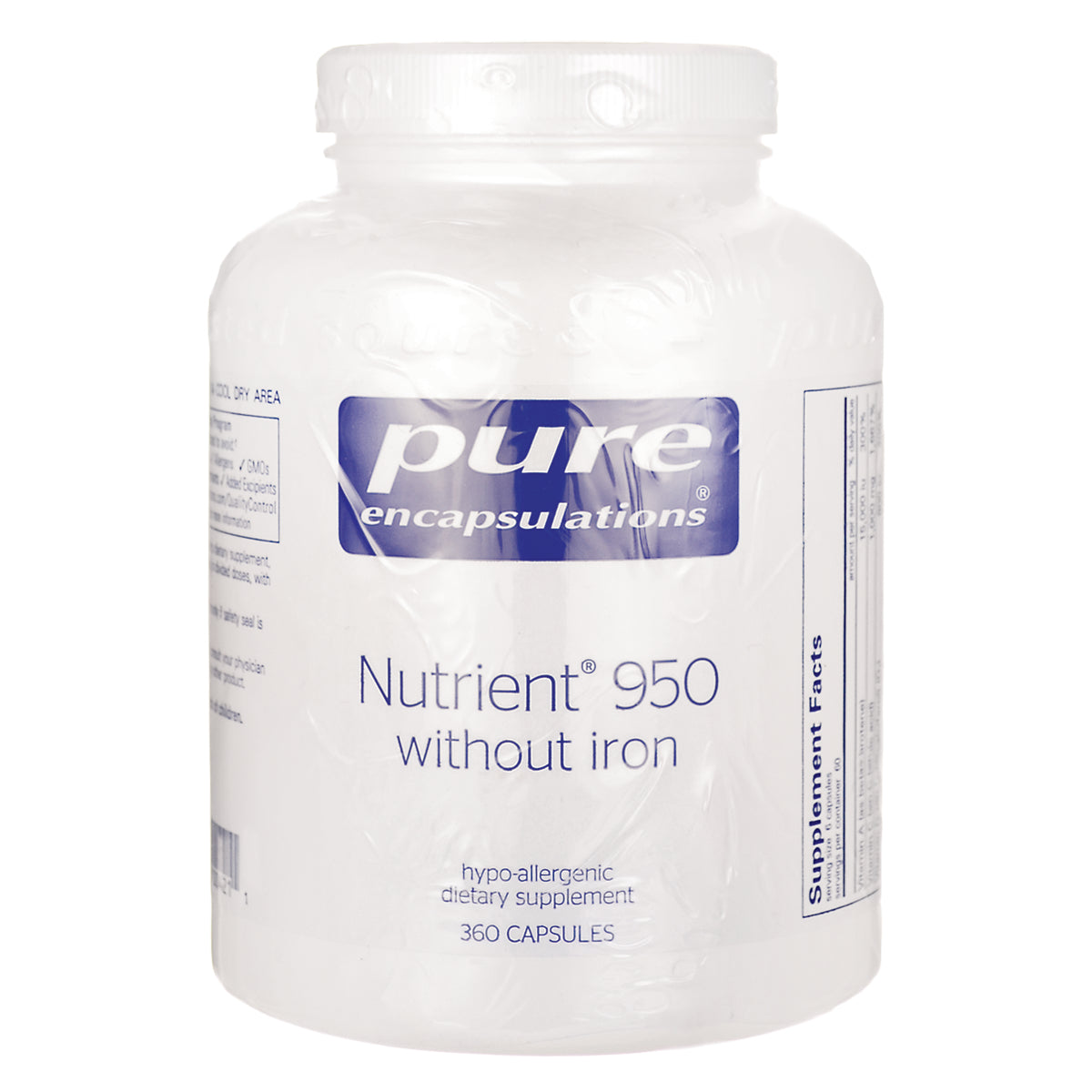 PRN133 | Pure Encapsulations Nutrient 950 without iron supplement bottle front label, 360 CAPSULES