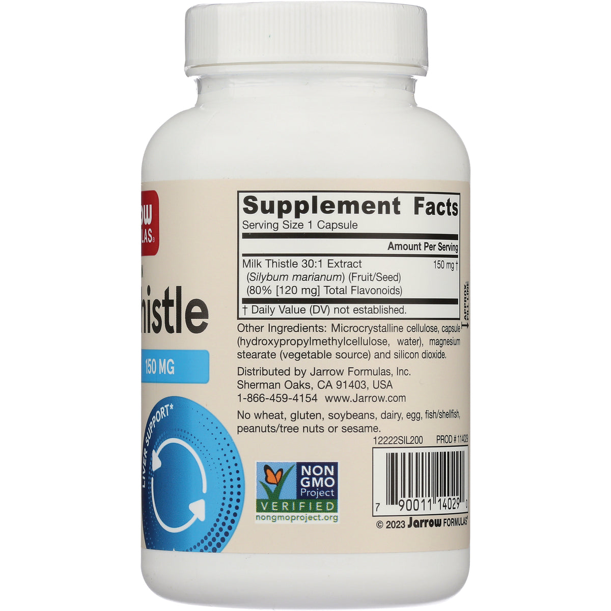 JR042 | Back label of supplement bottle showing Supplement Facts, ingredients, barcode, and Non GMO Project logo