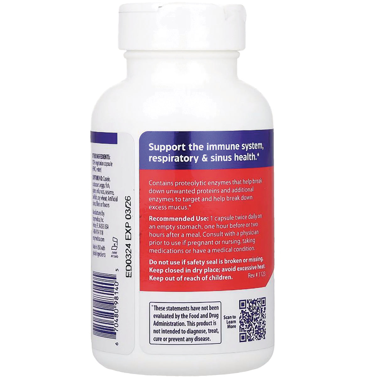 EMD027 | product infographic showing supplement bottle back label with support the immune system, respiratory & sinus health text and QR code