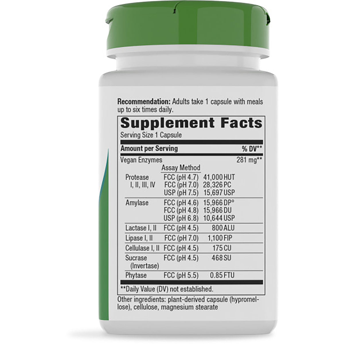 ET307 | Back of supplement bottle showing Supplement Facts panel with serving size 1 Capsule and enzyme amounts