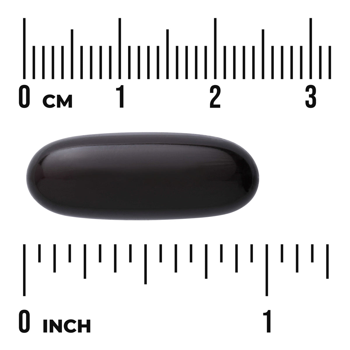 SW1854 | Black softgel capsule on rulers showing size; visible text "0 cm" and "0 inch"